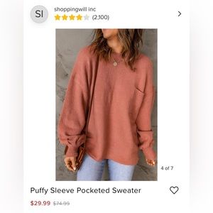 Puffy sleeve pocketed sweater